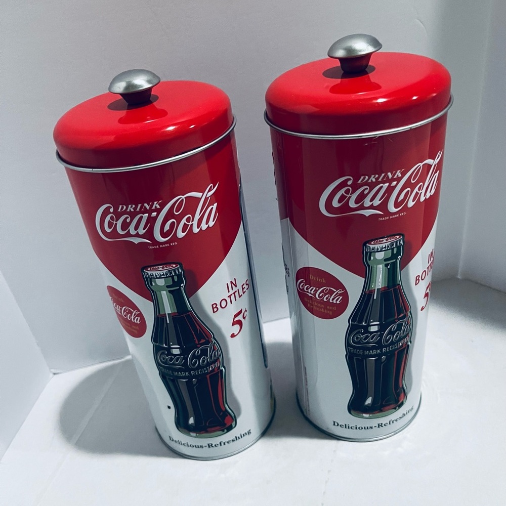 Coca-Cola Red and White Holder/Dispenser Tin Drinking Straw Canisters